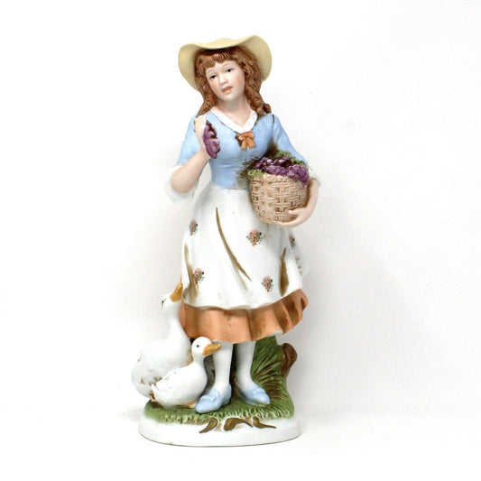 Figurine, HomCo, Woman With Hat, Grape Basket And Ducks, 8805 Porcelain, Vintage
