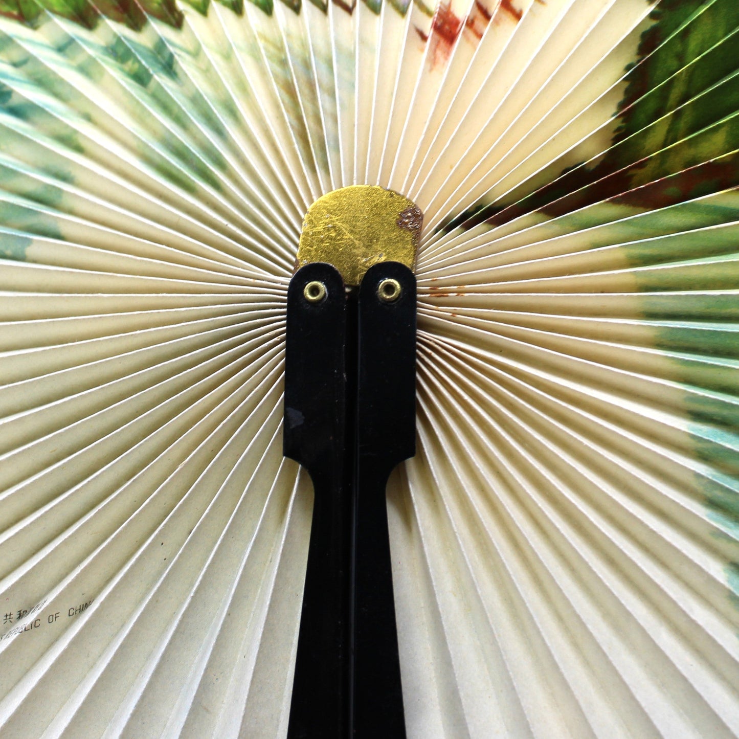 Hand Fan, Cockade Fan, Oriental Landscape Paper, Pinwheel Shape, Folds Flat, Vintage