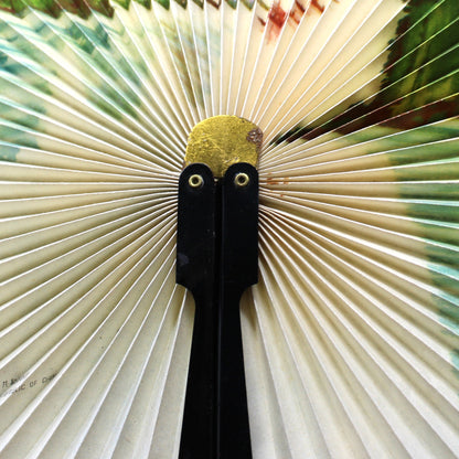 Hand Fan, Cockade Fan, Oriental Landscape Paper, Pinwheel Shape, Folds Flat, Vintage