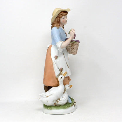 Figurine, HomCo, Woman With Hat, Grape Basket And Ducks, 8805 Porcelain, Vintage