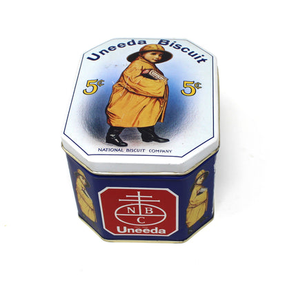 Tins, Gift Tin / Storage Box, Uneeda Biscuit, Boy in Yellow Raincoat, NBC Logo, Empty, Vintage