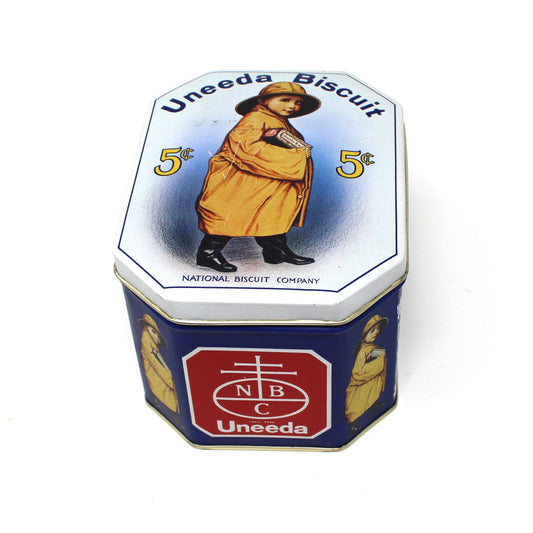 Tins, Gift Tin / Storage Box, Uneeda Biscuit, Boy in Yellow Raincoat, NBC Logo, Empty, Vintage