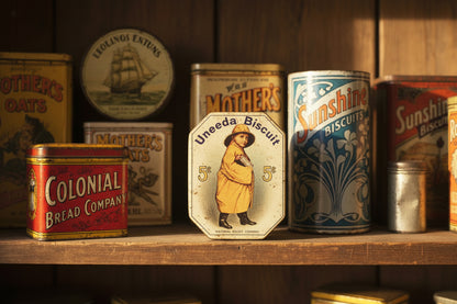 Tin, Storage Tin, Uneeda Biscuit, Boy in Yellow Raincoat, NBC Logo, Octagonal, Bristol Ware, USA, Vintage 1970s