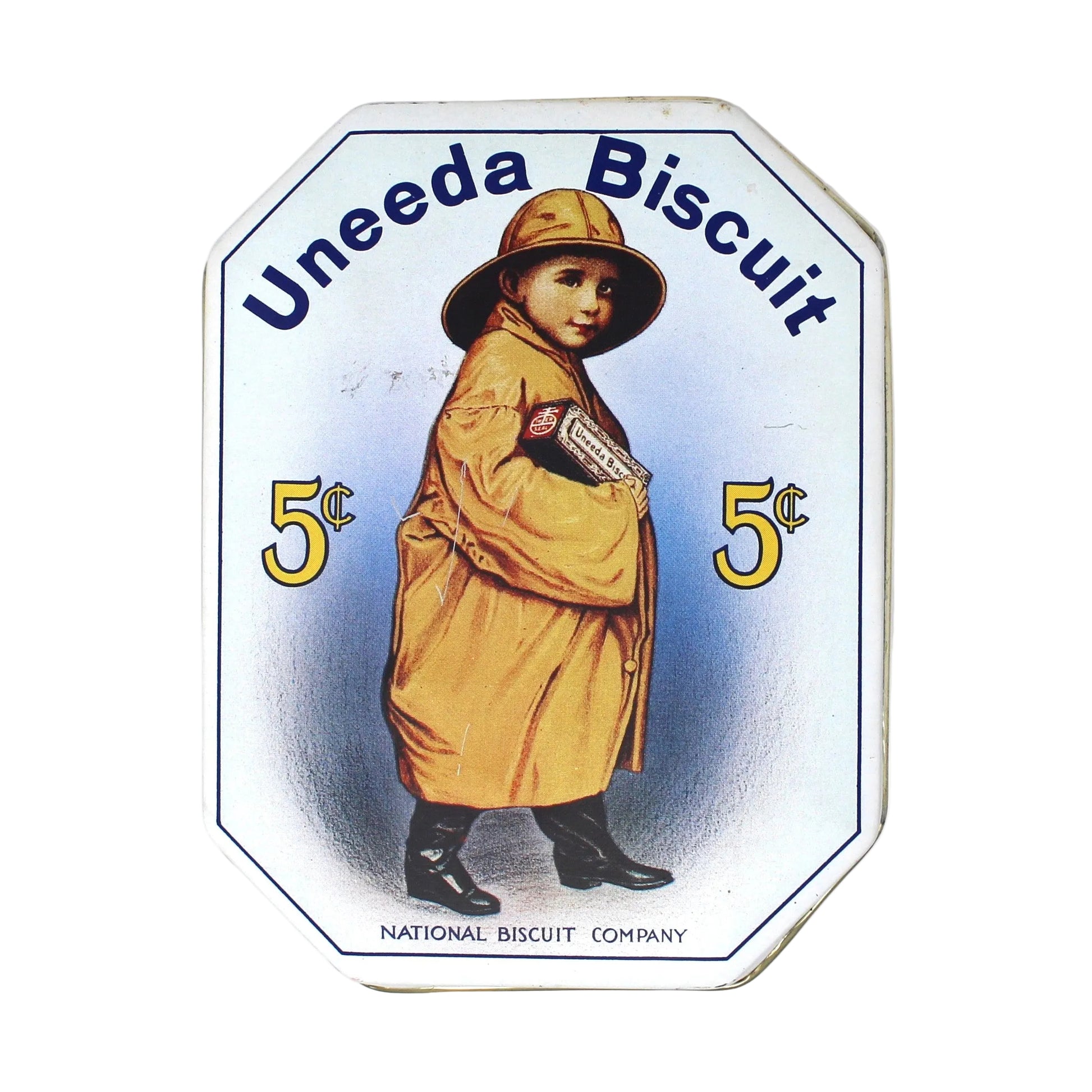 Vintage Biscuit Tin, circa 1970's. Boy in Yellow Raincoat, Uneeda Biscuit, Reproduction of 1920's National Biscuit Company Tin,  Nabisco, Bristol Ware Tin.