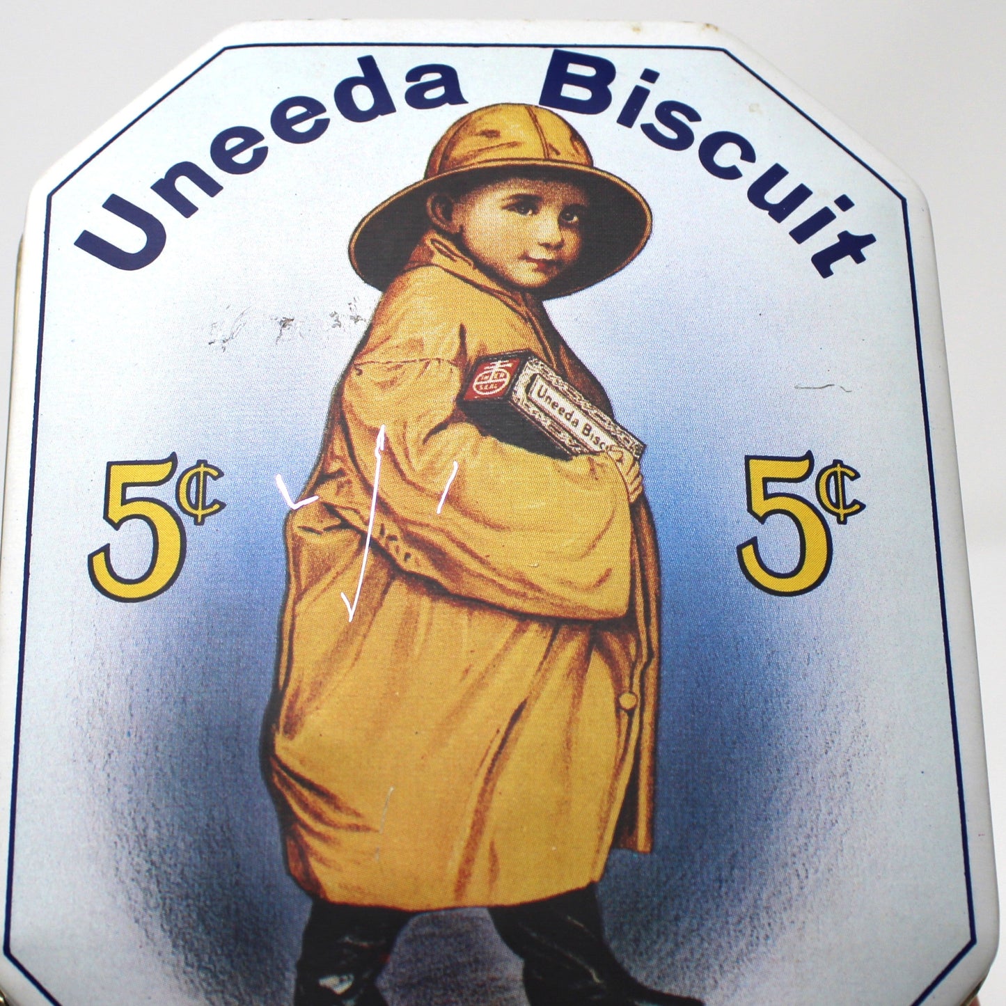 Tins, Gift Tin / Storage Box, Uneeda Biscuit, Boy in Yellow Raincoat, NBC Logo, Empty, Vintage