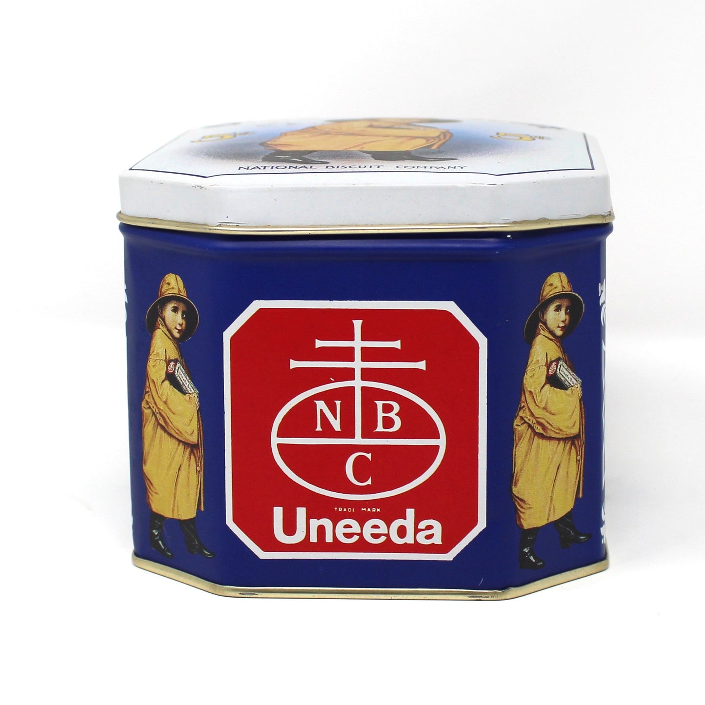 Tins, Gift Tin / Storage Box, Uneeda Biscuit, Boy in Yellow Raincoat, NBC Logo, Empty, Vintage