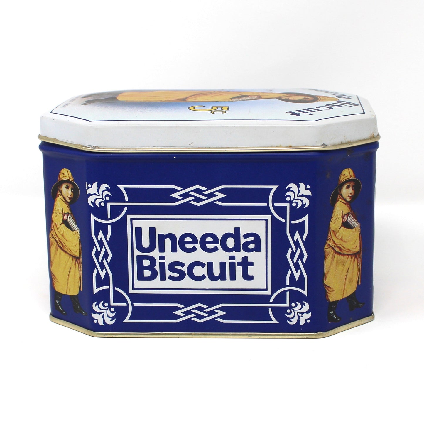 Tins, Gift Tin / Storage Box, Uneeda Biscuit, Boy in Yellow Raincoat, NBC Logo, Empty, Vintage