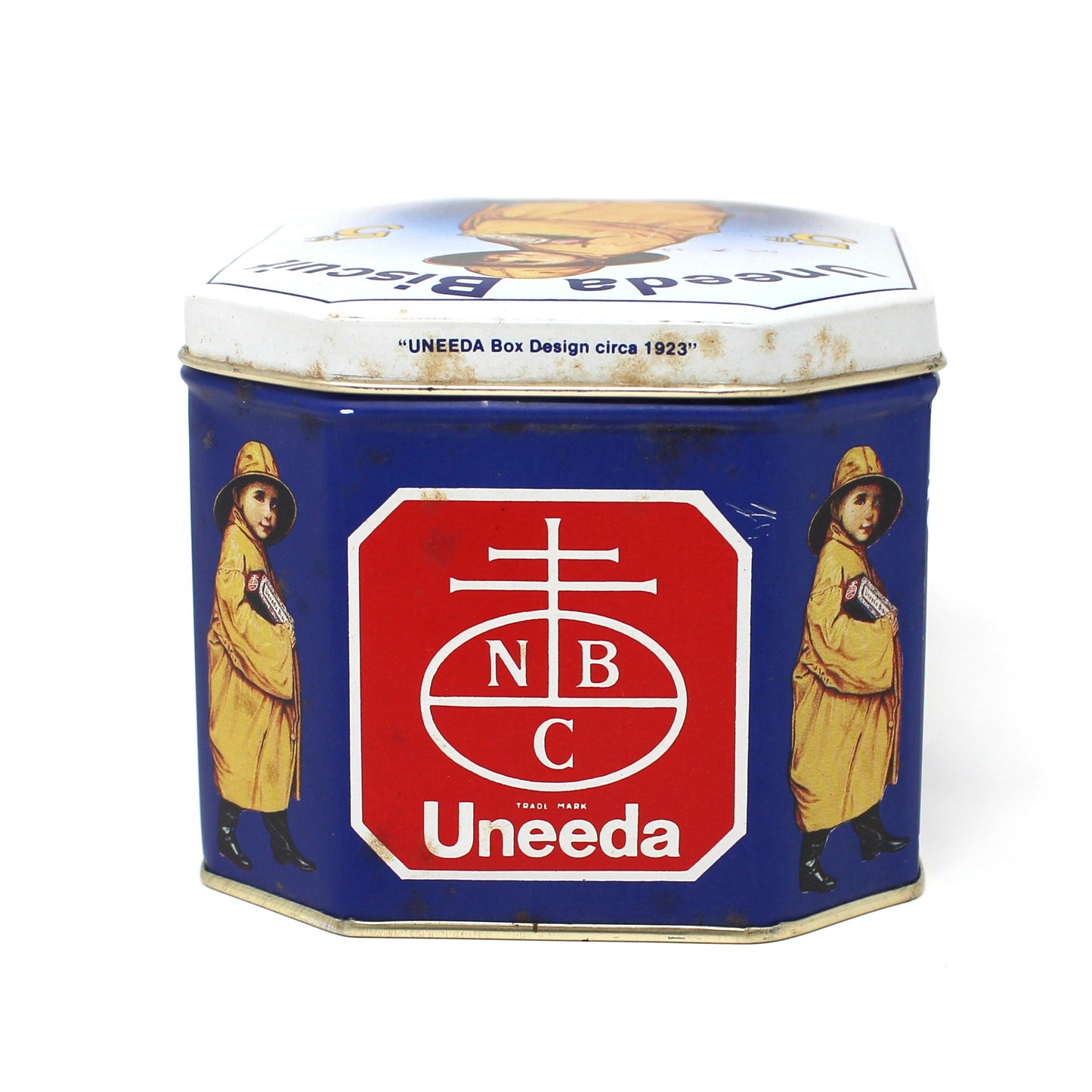 Tins, Gift Tin / Storage Box, Uneeda Biscuit, Boy in Yellow Raincoat, NBC Logo, Empty, Vintage