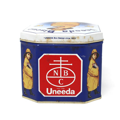 Tins, Gift Tin / Storage Box, Uneeda Biscuit, Boy in Yellow Raincoat, NBC Logo, Empty, Vintage