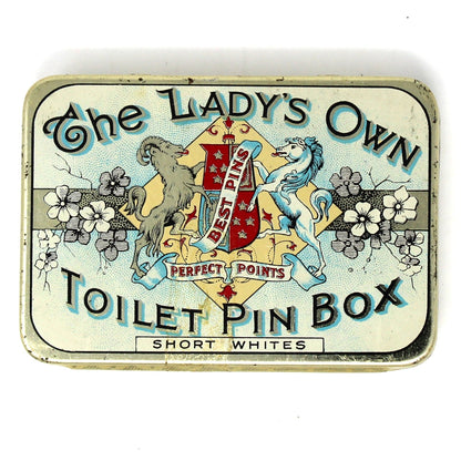 Antique Storage Tin, The Lady's Own Toilet Pin Box with pins.  English tin by Tubs Lois and Co.  Lady's garment fasteners. Collectible Advertisement.