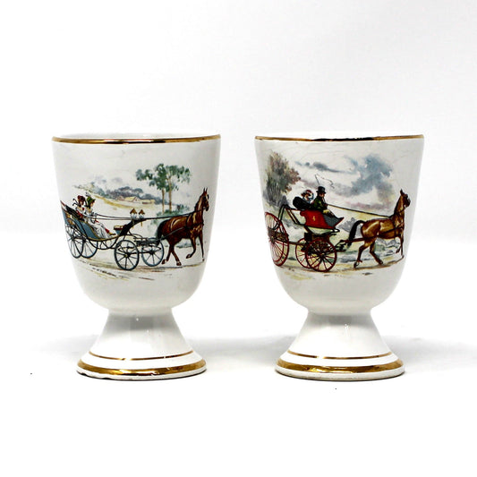 Vintage Egg Cups, Victorian Horse-Drawn Carriage Images, Gold Rims, Set of 2, French Limoges Porcelain, Tableware, Serveware circa 1960's