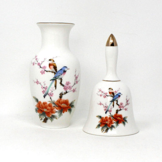 Vase & Bell Set, Two Birds on Cherry Blossom Branch, Japan Porcelain, Vintage