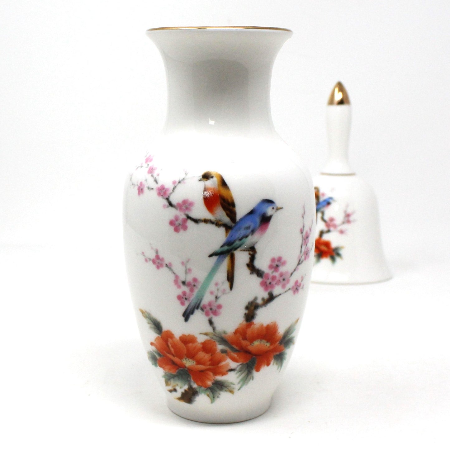 Vase & Bell Set, Two Birds on Cherry Blossom Branch, Japan Porcelain, Vintage