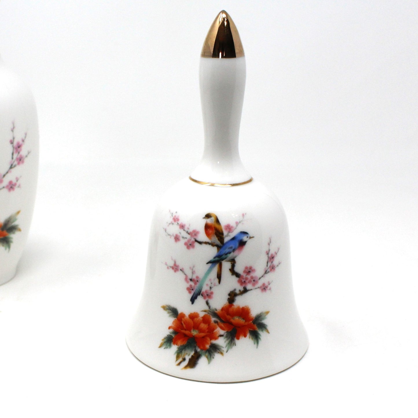 Vase & Bell Set, Two Birds on Cherry Blossom Branch, Japan Porcelain, Vintage
