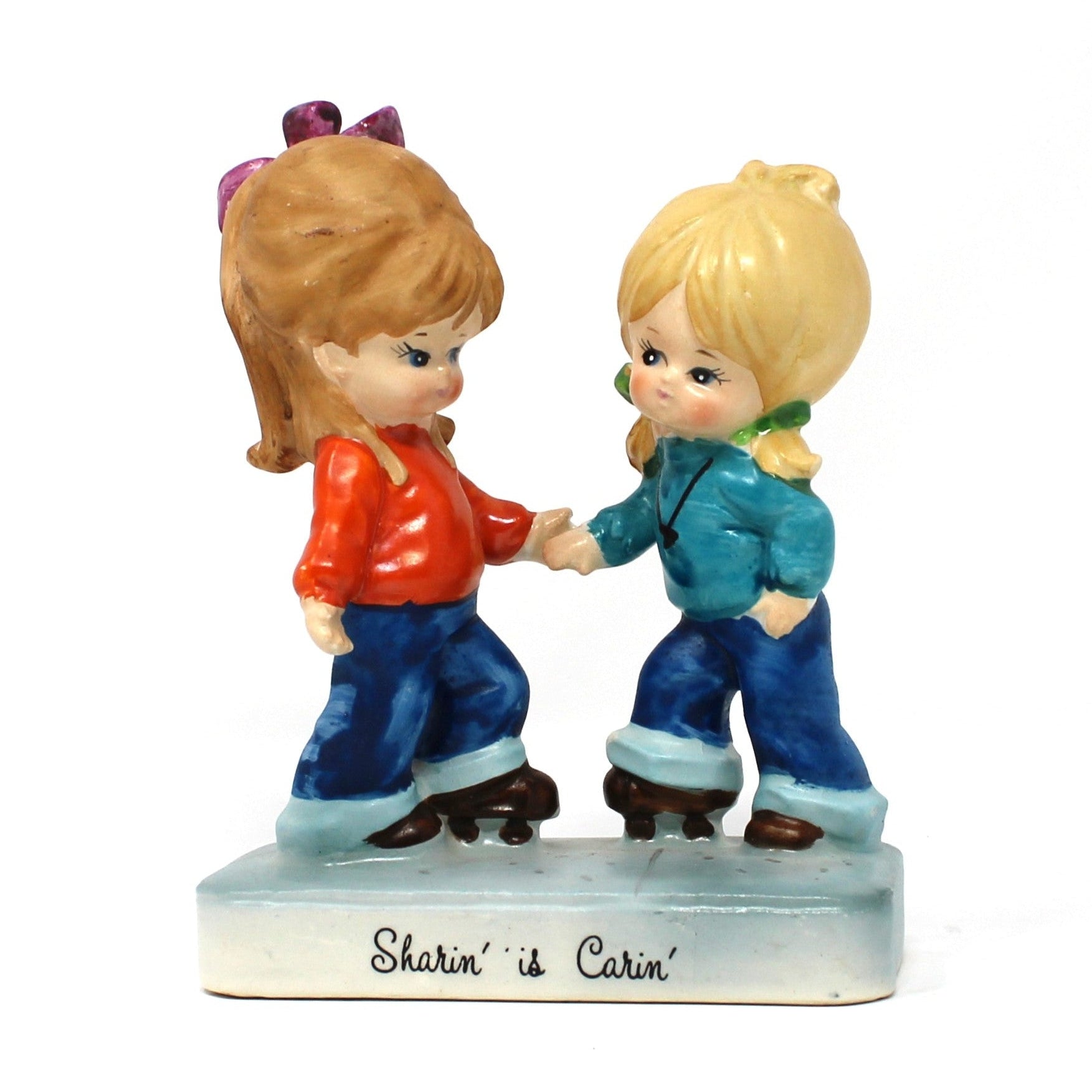 Vintage Figurine by Gigi Creation, "Sharing is Caring".  Friendship, Girls in Blue Jeans on Roller Skates. Japan Imports.