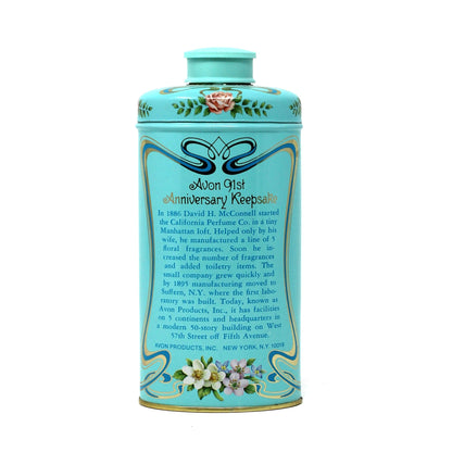 Shaker, Avon, Tin Powder Shaker, California Perfume Co, Anniversary Keepsake Talc, Aqua Floral, Vintage