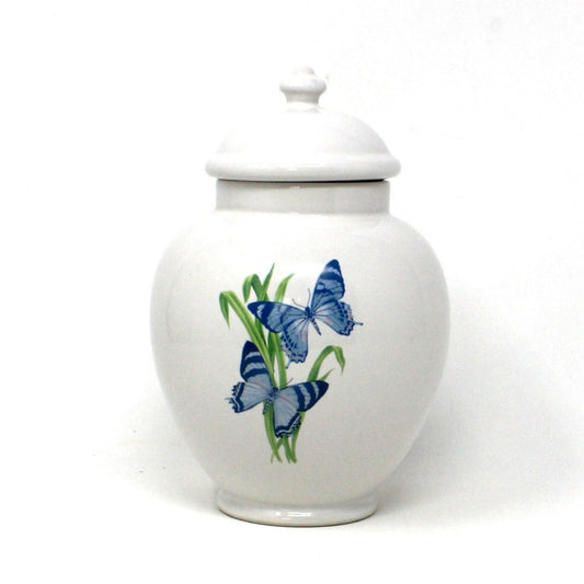 Ginger Jar, White with Blue Butterflies, FTD, Vintage Japan