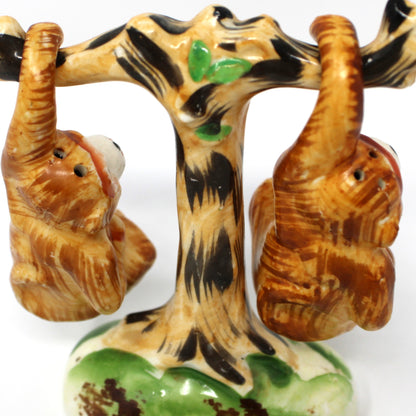 Salt and Pepper Shakers, Monkeys Hanging on Tree, Mid Century Japan Porcelain, Vintage