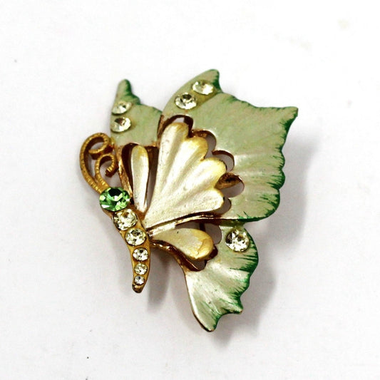 Brooch / Pin, Figural Butterfly, Green Enamel and Rhinestones, Gold Tone