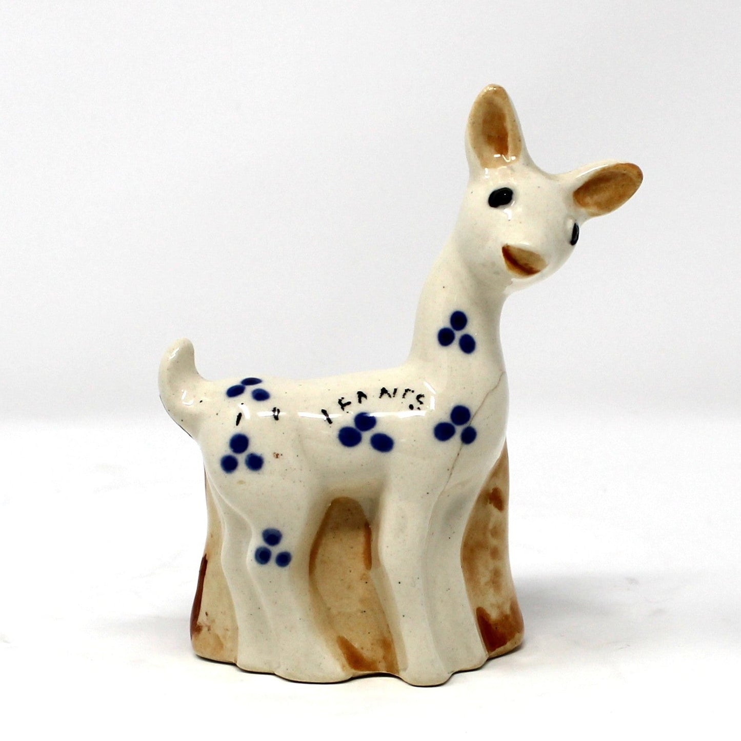 Planter, Mini Vase, Deer by Tree Trunk, Blue Spots Design, Occupied Japan, Vintage