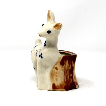 Planter, Mini Vase, Deer by Tree Trunk, Blue Spots Design, Occupied Japan, Vintage