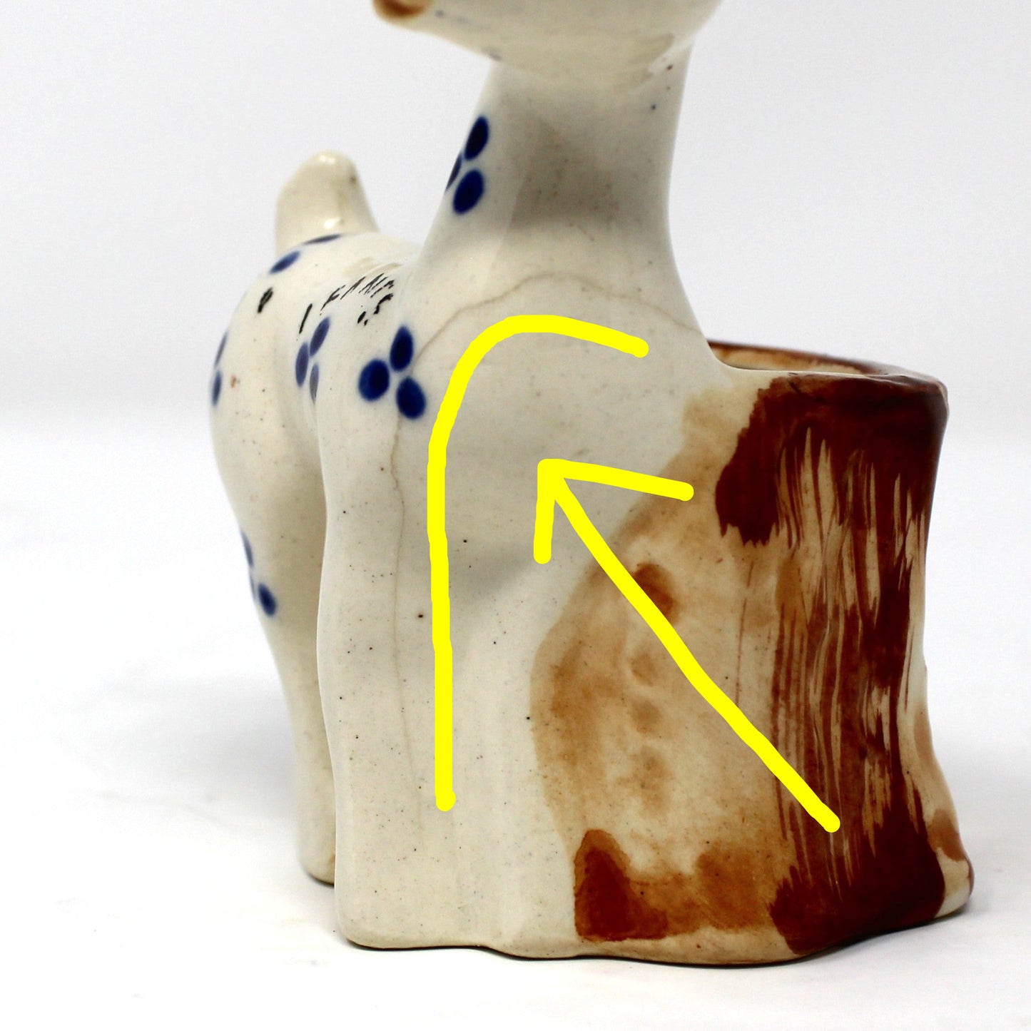 Planter, Mini Vase, Deer by Tree Trunk, Blue Spots Design, Occupied Japan, Vintage