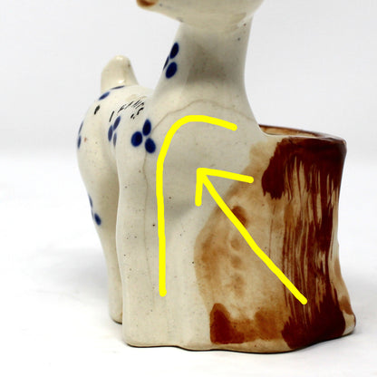 Planter, Mini Vase, Deer by Tree Trunk, Blue Spots Design, Occupied Japan, Vintage