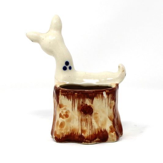 Planter, Mini Vase, Deer by Tree Trunk, Blue Spots Design, Occupied Japan, Vintage