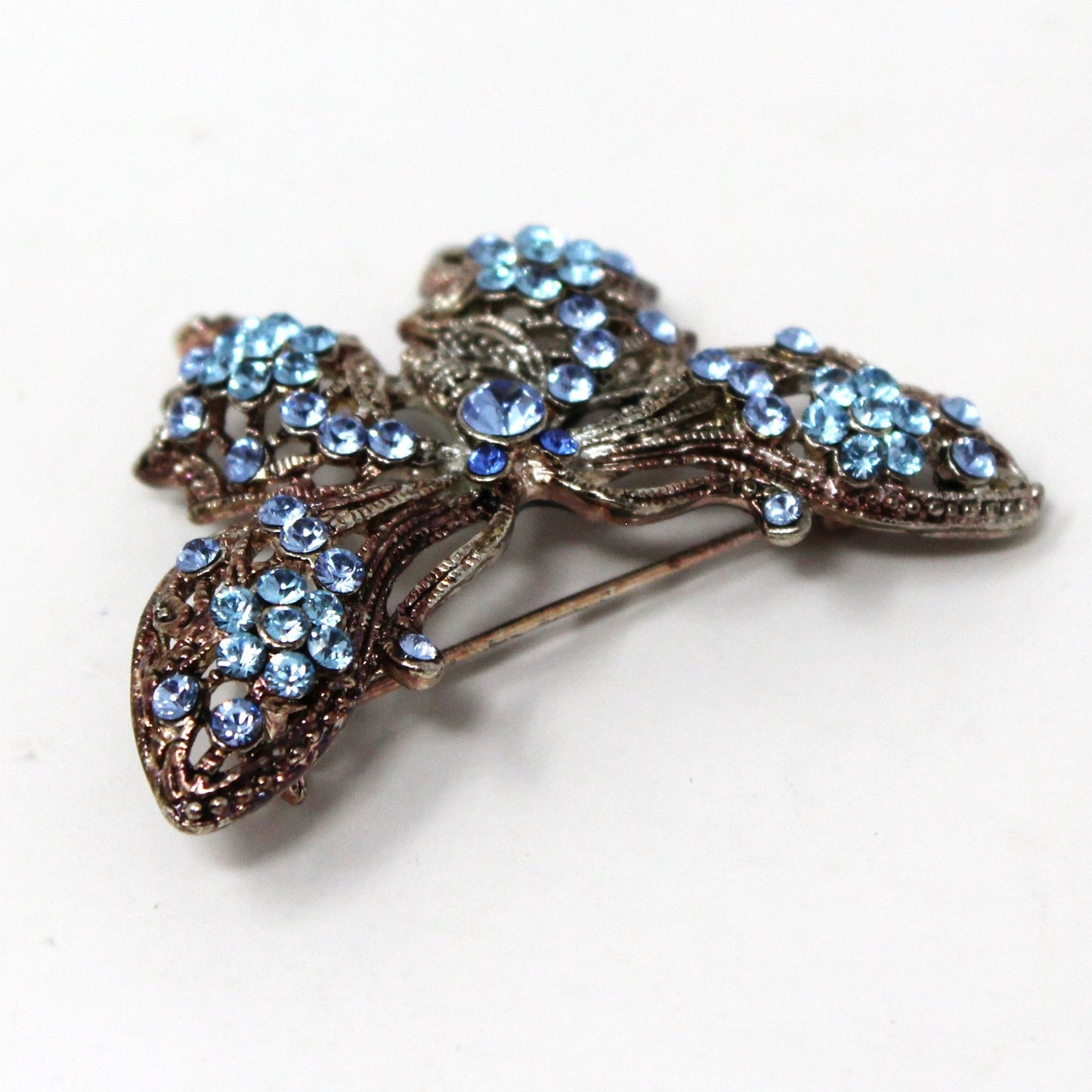 Brooch / Pin, Figural Butterfly, Blue Swarovski Crystals, Antiqued Silver Tone