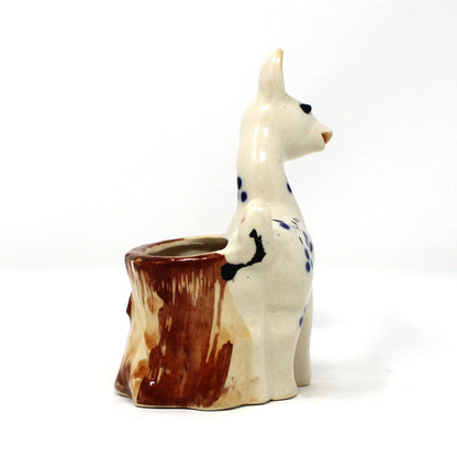 Planter, Mini Vase, Deer by Tree Trunk, Blue Spots Design, Occupied Japan, Vintage