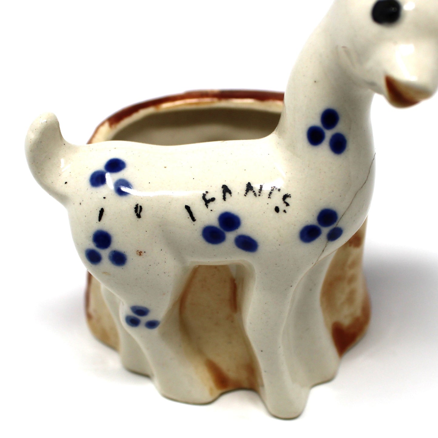 Planter, Mini Vase, Deer by Tree Trunk, Blue Spots Design, Occupied Japan, Vintage