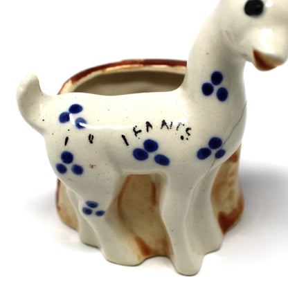 Planter, Mini Vase, Deer by Tree Trunk, Blue Spots Design, Occupied Japan, Vintage