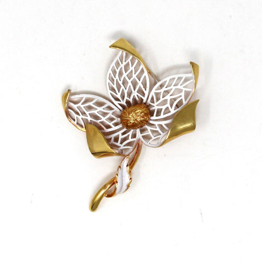 Brooch / Pin, White Enamel Flower Filigree on Gold Tone, Vintage