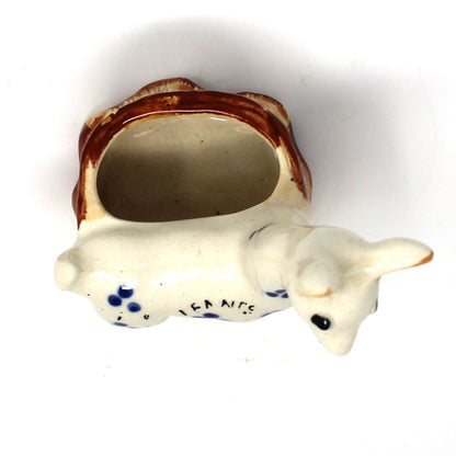 Planter, Mini Vase, Deer by Tree Trunk, Blue Spots Design, Occupied Japan, Vintage