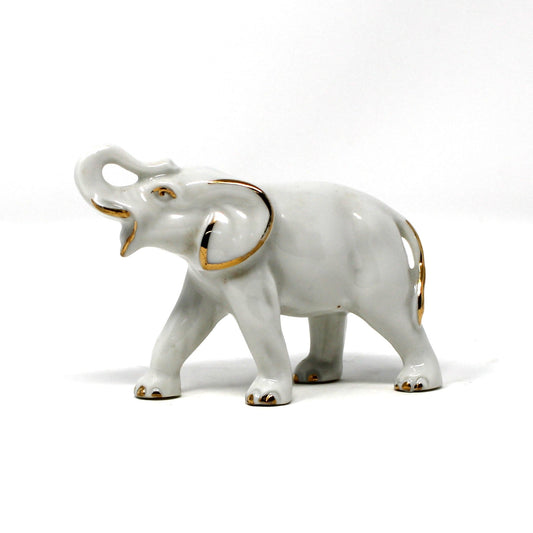 Figurine, Mini Trunk Up Elephant, White & Gold, Japan Porcelain, Vintage, 1970's