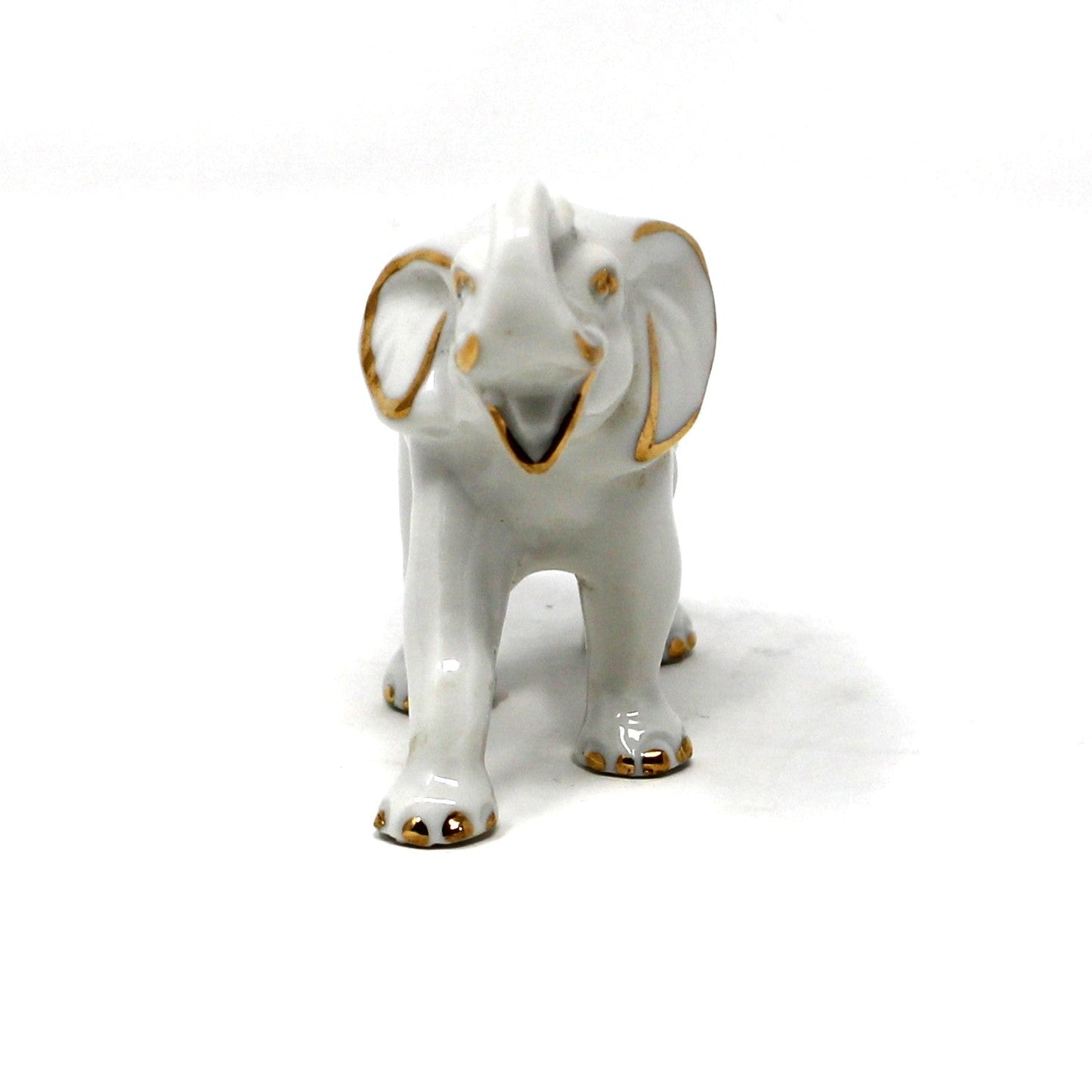 Figurine, Mini Trunk Up Elephant, White & Gold, Japan Porcelain, Vintage, 1970's