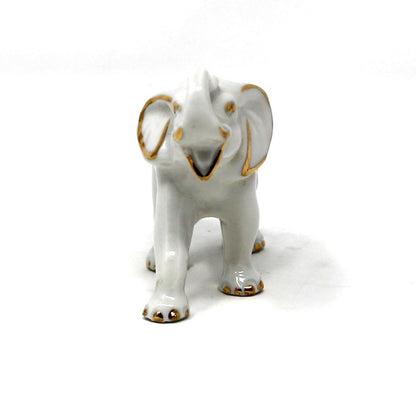 Figurine, Mini Trunk Up Elephant, White & Gold, Japan Porcelain, Vintage, 1970's