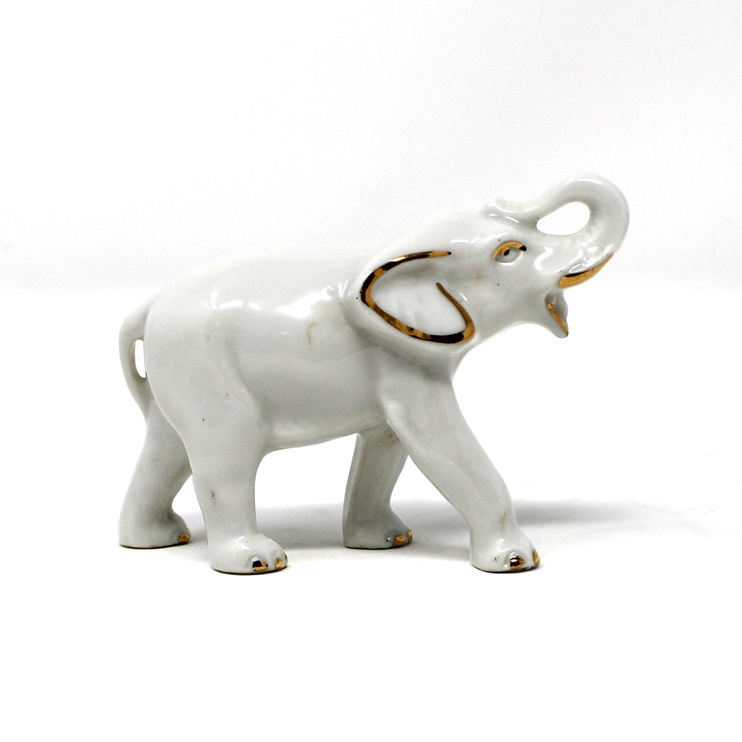 Figurine, Mini Trunk Up Elephant, White & Gold, Japan Porcelain, Vintage, 1970's