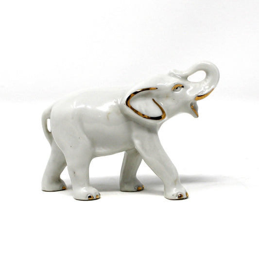 Figurine, Mini Trunk Up Elephant, White & Gold, Japan Porcelain, Vintage, 1970's