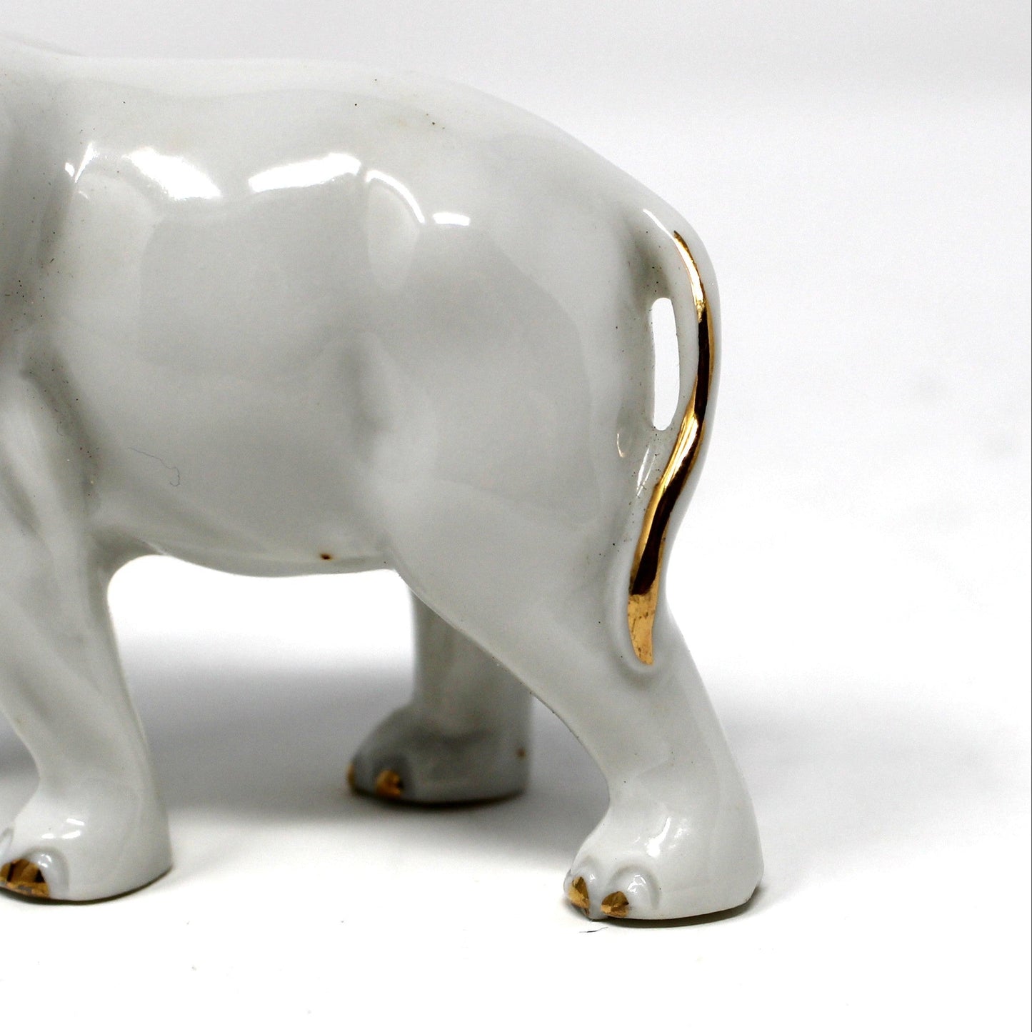 Figurine, Mini Trunk Up Elephant, White & Gold, Japan Porcelain, Vintage, 1970's