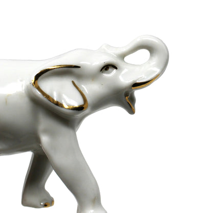 Figurine, Mini Trunk Up Elephant, White & Gold, Japan Porcelain, Vintage, 1970's