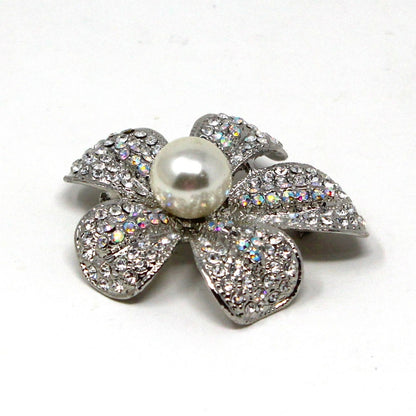 Brooch / Pin, Flower Rhinestone Petals with Large Pearl Center, Silver Tone