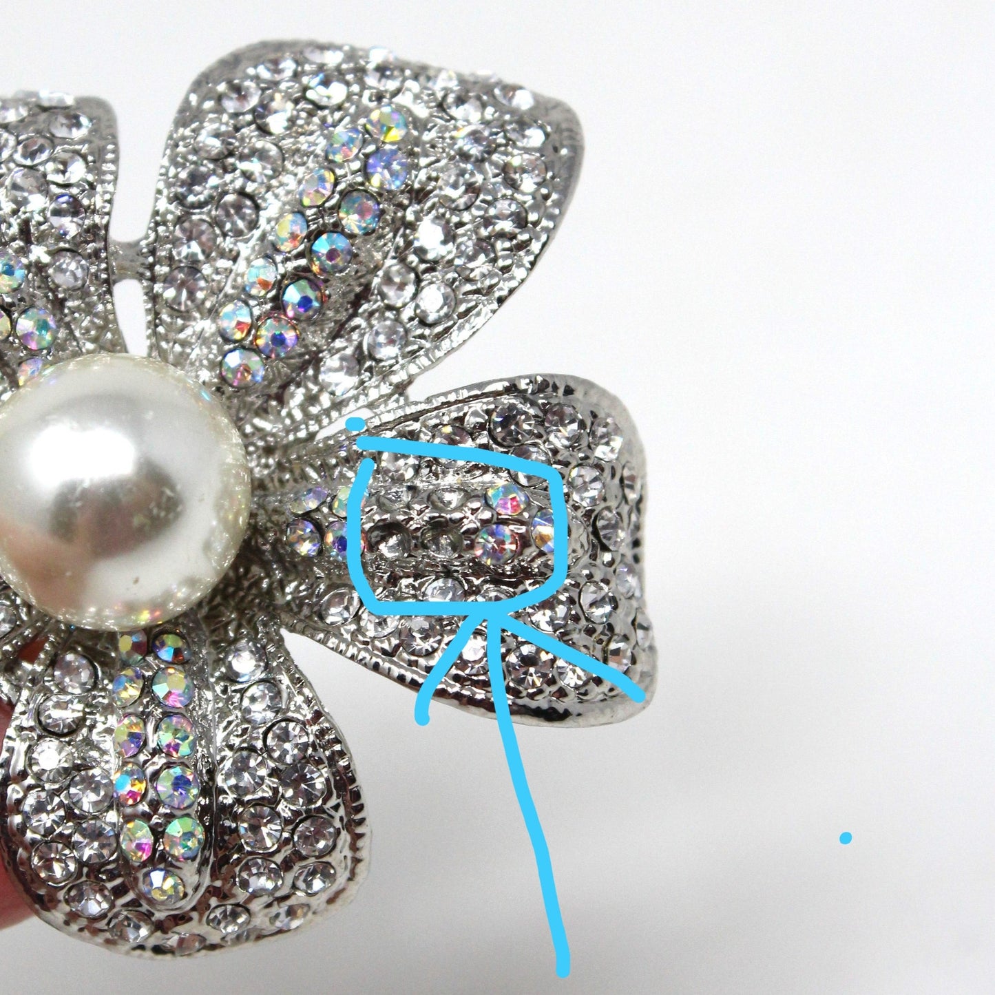 Brooch / Pin, Flower Rhinestone Petals with Large Pearl Center, Silver Tone