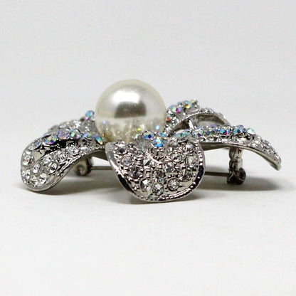 Brooch / Pin, Flower Rhinestone Petals with Large Pearl Center, Silver Tone