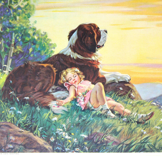 Print, Lithograph, In Safe Keeping, J. Adams, Girl Asleep with St Bernard, Vintage