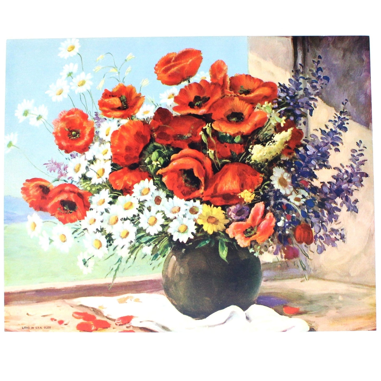 Print, Lithograph, Floral Artwork with Red Poppies & Daisies in Vase, Vintage