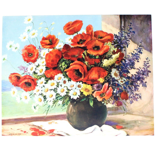 Print, Lithograph, Floral Artwork with Red Poppies & Daisies in Vase, Vintage