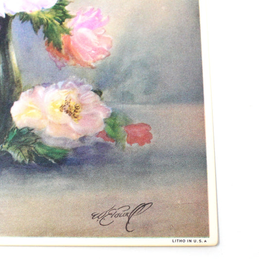 Print, Lithograph, Floral Artwork Peonies by W. E. Powell, Signed Vintage