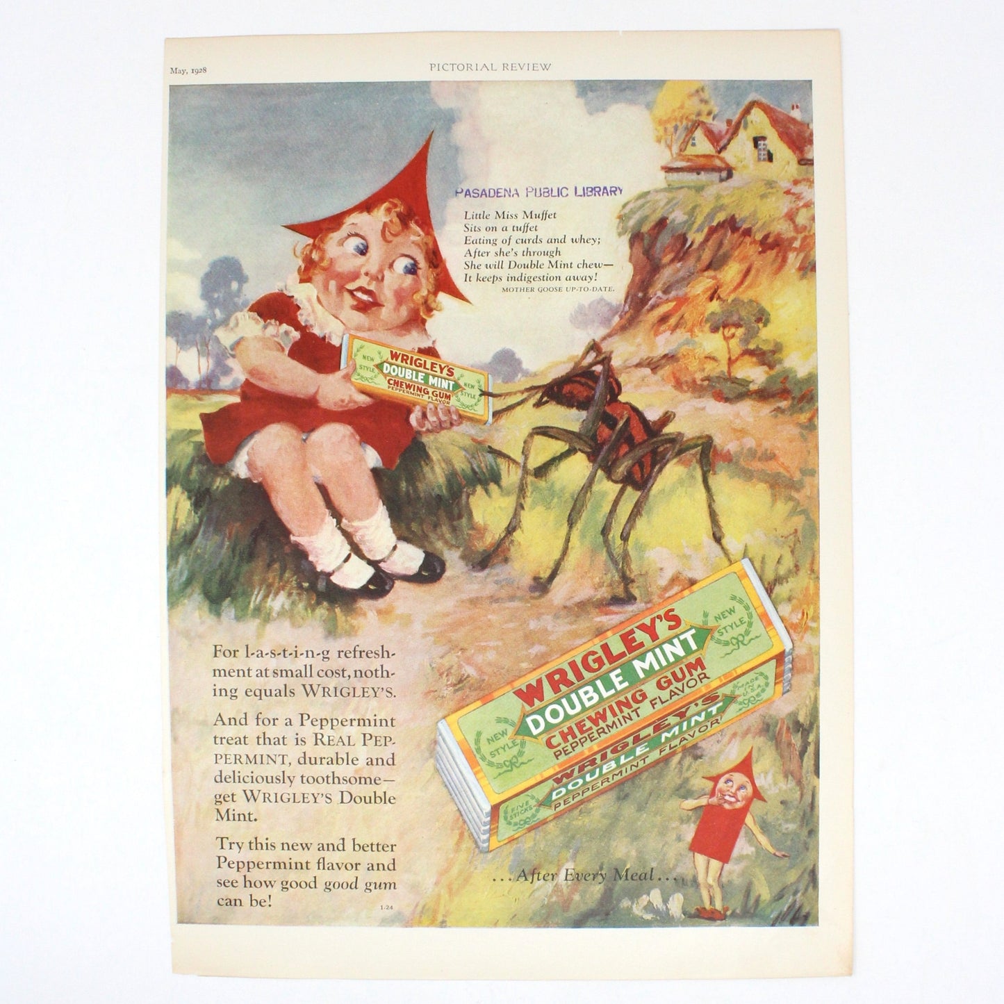 Advertisement, Wrigley's Chewing Gum, Original 1928 Pictorial Review Magazine Ad, Miss Muffet, Vintage