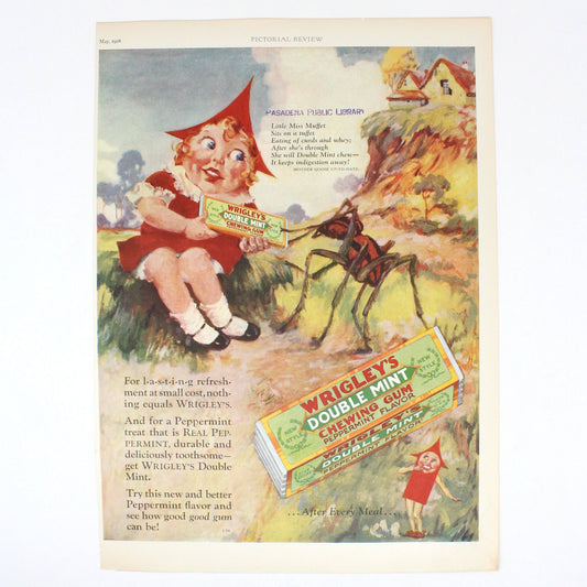 Advertisement, Wrigley's Chewing Gum, Original 1928 Magazine Ad, Miss Muffet, Vintage
